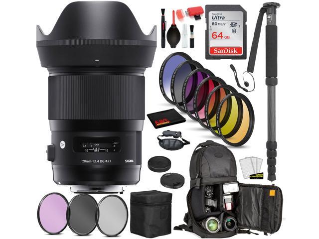 Sigma 28mm f/1.4 DG HSM Art Lens for Sony E Mount (441965) with: Sandisk 64gb SD Card, 9PC Filter Kit + More