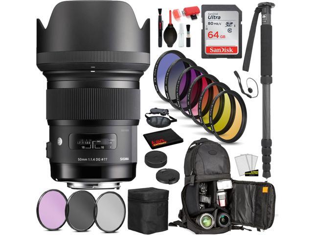 Sigma 50mm f/1.4 DG HSM Art Lens for Nikon F with Bundle: Sandisk 64gb SD Card, 9PC Filter Kit + More