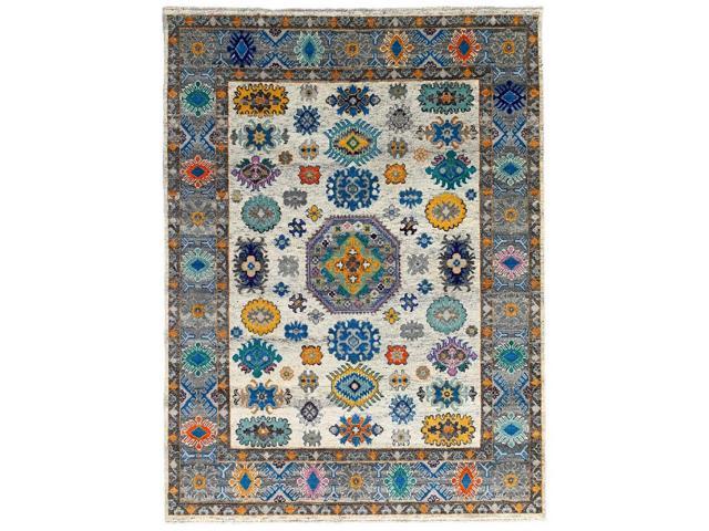 Durable and Stylish Hand-Knotted Wool Ivory / Gray Transitional Modern Kazak Collection Rectangular Area Rugs