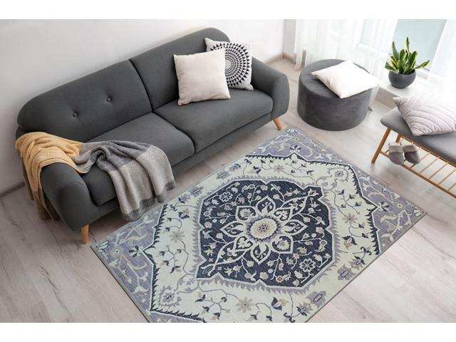 Hand Knotted Wool Ivory Traditional Oriental Heriz Rug, Made in India