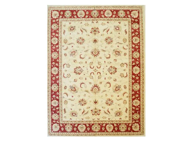 Ivory/Red Hand Knotted Wool Traditional Peshawar Rug, Made in India
