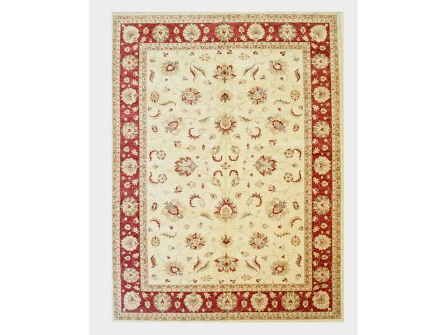 Ivory/Red Hand Knotted Wool Traditional Peshawar Rug, Made in India