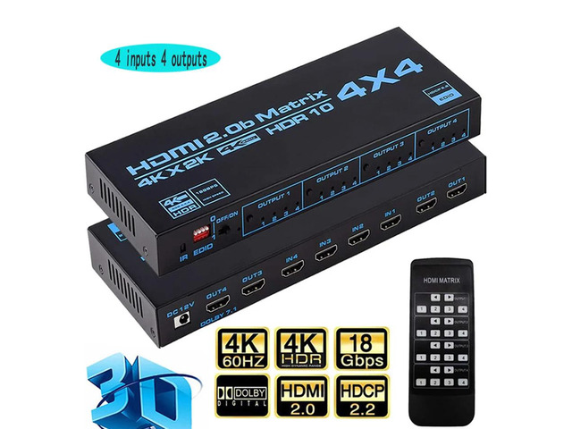 4x4 HDMI Matrix Switch HDCP 2.2, 4K HDR HDMI Matrix Switcher Splitter 4 In 4 Out Box with EDID Extractor and IR Remote ControlColor: Silver (HDMI...