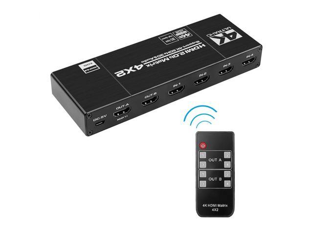 4K@60Hz HDMI Matrix Switch Splitter 4x2 IR Remote Control with SPDIF and L/R 3.5mm HDR Switcher 4x2 Support HDCP 2.2 4DLength: 1.5m (US Power Plug)...