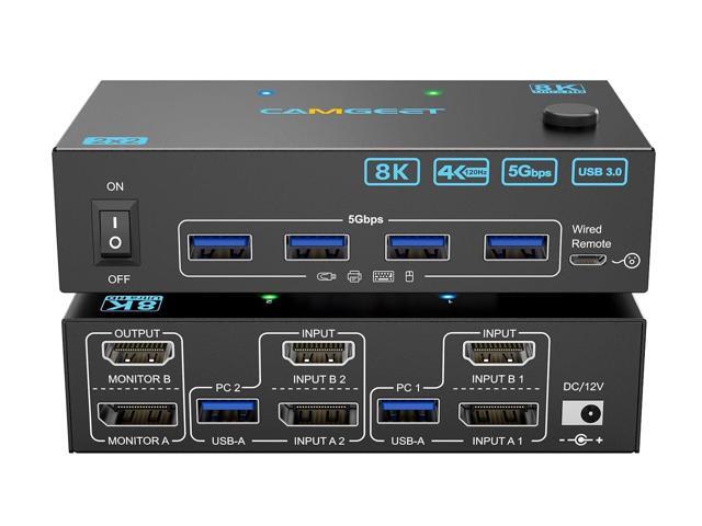 4K@144Hz KVM Switch 2 Monitors 2 Computers 8K@60Hz,Camgeet HDMI and Displayport Dual Monitor KVM Switch with 4 USB 3.0 Port for Keyboard Mouse.