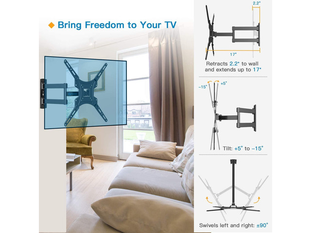 Full Motion TV Wall Mount Bracket Articulating Arms Swivels Tilts Extension for Most 26-55 Inch LED LCD Flat Curved Screen TVs, Max VESA 400x400mm...