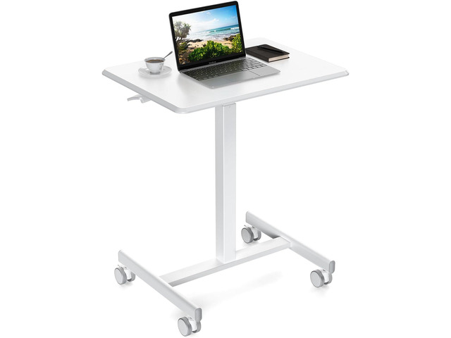 Mobile Small Standing Desk - Rolling Desk with Adjustable Height and Lockable Wheels, Sit-Stand Laptop Table, Portable Computer Workstation, White