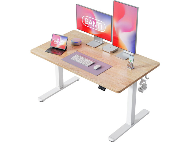 48' Standing Desk, Electric Stand up Height Adjustable Home Office Table, Sit Stand Desk with Splice Board, Maple