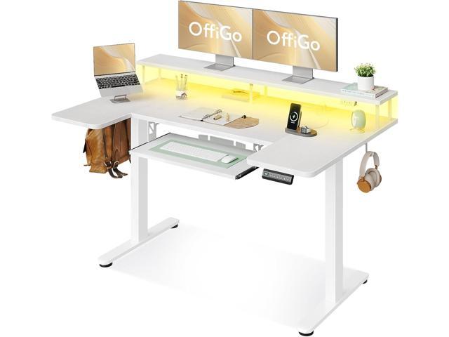 U Shaped Electric Standing Desk with Keyboard Tray, 55 Inch Height Adjustable Desk with Power Outlets & LED Lights, Sit Stand Table with Monitor...
