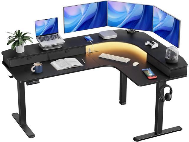 65 L-Shaped Standing Desk with Power Outlets & LED Strip, Support C-Clamp Mount, Electric Height Adjustable Corner Computer Desk with 3 Drawers,...
