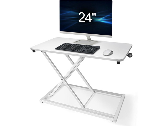 Extra-Slim 24 x 14 White Lift Standing Desk Converter, Manual Adjustable Height Sit Stand up Desk Riser, Compact for Monitor or Laptop Workstation