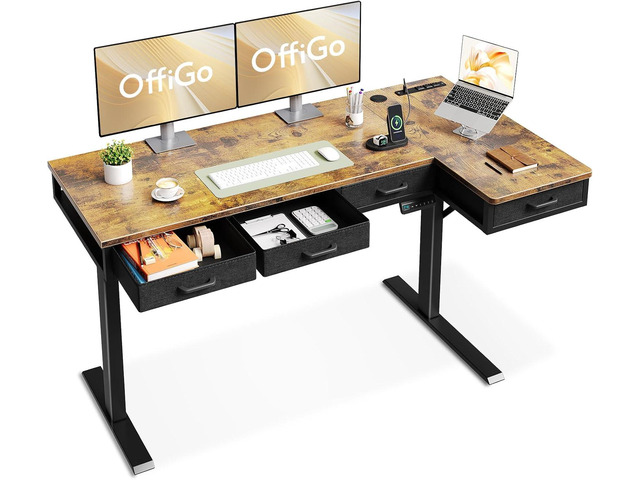 L Shaped Electric Standing Desk with Drawers, Height Adjustable Large Desk with Power Outlets, Sit Stand Table, Writing Computer Desk for Home,...