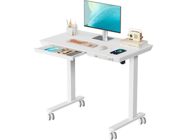 Small Standing Desk with Drawer, 35' x 20' Whole Piece Tabletop Electric Sit Stand Desk, Height Adjustable Desk with Storage & USB Ports, Quick...