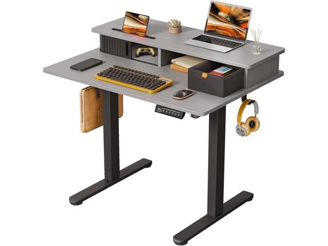 Small Electric Standing Desk, 35' x 25' Height Adjustable Desk with Built-in Monitor Stand & Storage Drawer, Grey Sit Stand Desk with 2 Hooks for...