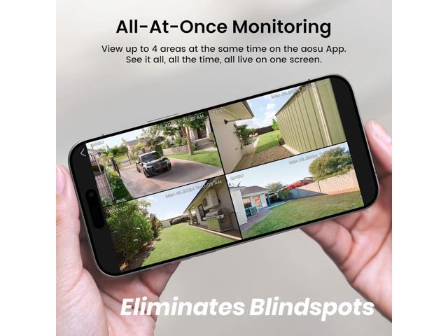 AOSU Solar Security Cameras Wireless Outdoor, 2K QHD Home Security System, 4-Cam Kit with 166° Ultra-Wide View, Cam-to-Cam Sync, 32GB Homebase...