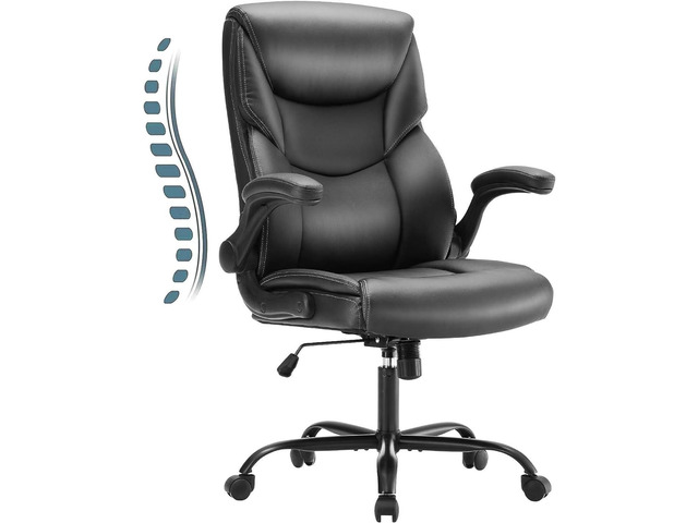 Ergonomic Computer Gaming Office Chair, Heavy Duty Task Desk Swivel Rolling Chairs with Wheels, Flip-up Arms, Adjustable Height, PU Leather, Black