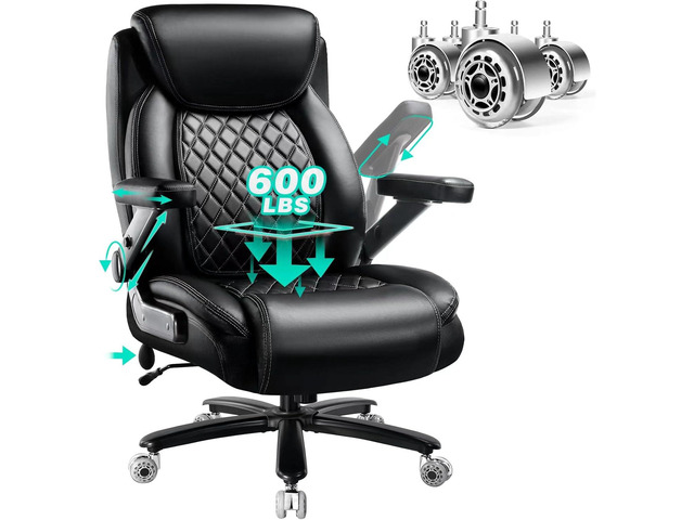 600LBS Large Heavy Duty Office Chair with 5D Flip Arms, Big and Tall Office Chair with Pocket Spring Cushion, Extra Wide Desk Chair with Adjustable...
