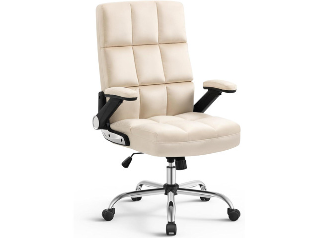 High Back Fabric Home Office Chair with Swivel, Executive Computer Desk Adjustable Tilt and Flip-up Armrest, Comfy Thick Padding Ergonomic Beige