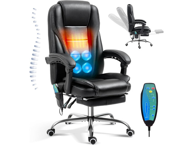 Reclining Massage Office Chair with Footrest, High Back Ergonomic Executive Chair with Heating and Vibration Function(Black)