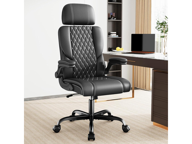 Sytas Executive Leather Office Chair, Comfy Desk Chair with Adjustable Headrest & Flip-up Padded Arms & Lumbar Support, Adjustable Hight and Tilt,...