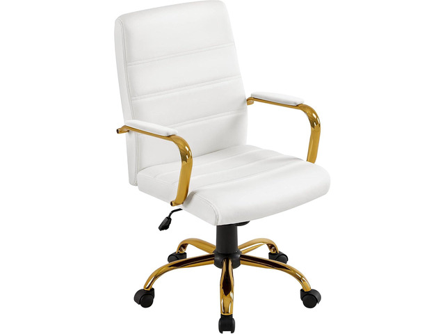 Mid-Back Office Chair PU Leather Desk Chair Adjustable Executive Task Chair w/Lumber Support Gold Leg White Seat