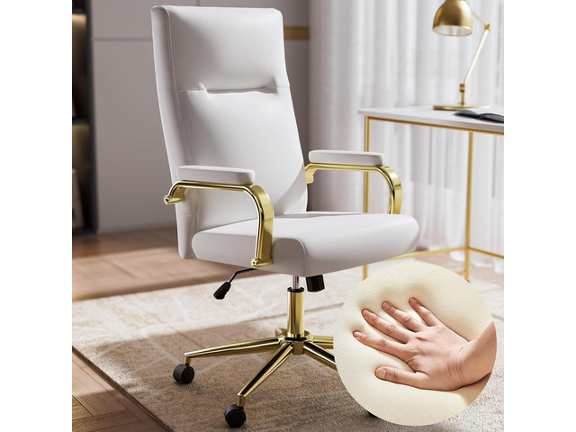 White and Gold Office Chair Memory Foam, White Leather Computer Desk Chairs with Wheels and Arms, High Back Executive Office Chair for Girl and Women