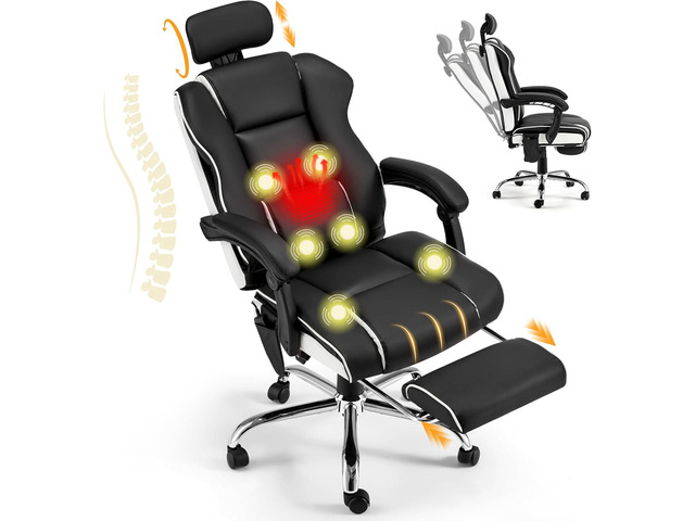 6-Point Massage Office Chair with Footrest, Heated Executive Office Chair with Reclining Backrest, Ergonomic Gaming Chair with Padded Armrest, Black