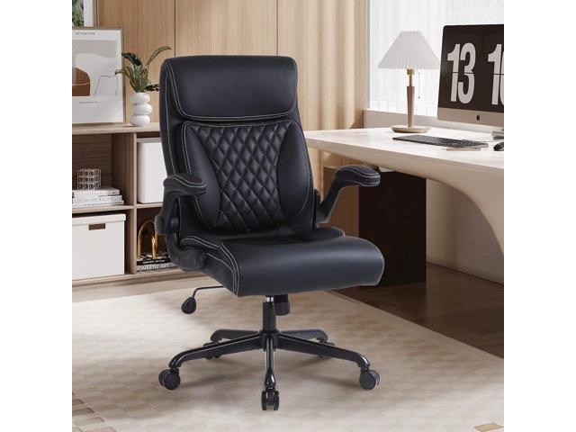 Executive Office Chair, Ergonomic PU Leather Computer Desk Chair with Lumbar Support, Flip-up Armrests and Adjustable Height, for Home Office, Black
