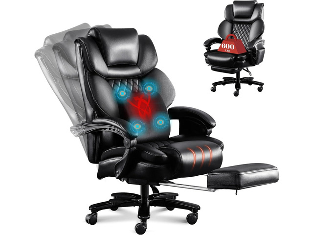 3D Kneading Massage Executive Office Chair, 600LBS Big and Tall, Black Leather, Modern Style, Ergonomic, Recliner with Footrest, Arm Rest, Tufted...