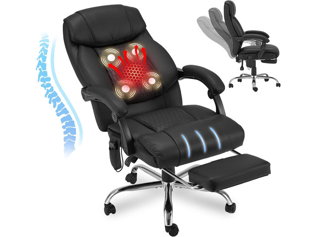 Reclining Office Chair with 4-Point Massage and Heat, Executive Chair with Retractable Footrest, Ergonomic Home Computer Chair for Home Office, Black