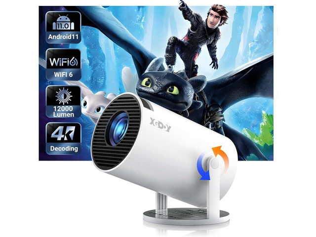 Smart Mini Projector WiFi6 Bluetooth 5.0 XGODY Gimbal 3 Protable Projector 12000L Support 4K with Android TV 11.0, Auto Keystone Correction Video...