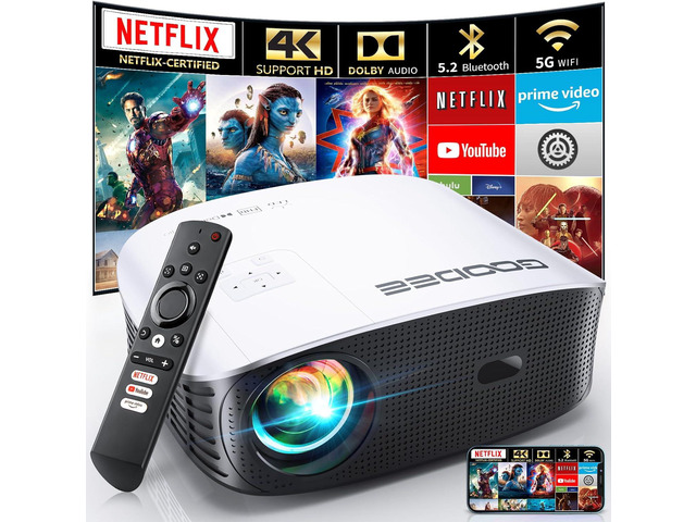 Smart 4K Projector with 5G WIFI and Bluetooth, Netflix/Amazn Prime Video Certified, Dolby Audio, 800ANSI Outdoor Projector, 400' Zoom Home Theater...