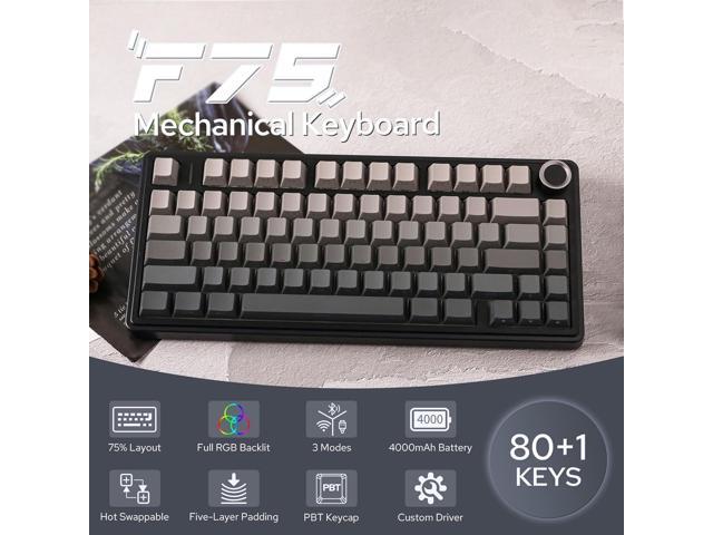 Aula F75 Gasket Mechanical Keyboard, 75% Wireless Hot Swappable Gaming Keyboard with Five-Layer Padding & Knob, Bluetooth/2.4GHz/USB-C, RGB (Black...