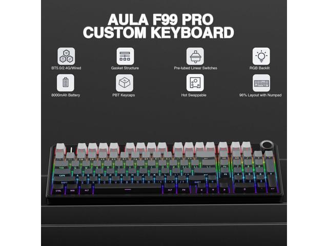 AULA F99 Pro Wireless Mechanical Keyboard with Knob,Gasket Structure,Tri-Mode BT5.0/USB-C/2.4GHz Hot Swappable Keyboard,Creamy Sound,RGB Backlit...