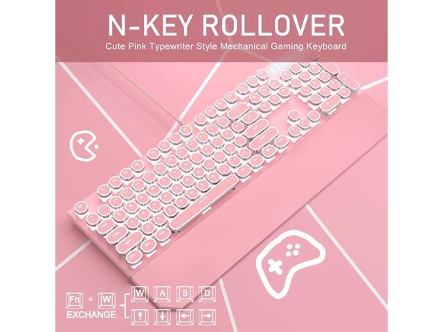 Camiysn Typewriter Style Mechanical Gaming Keyboard, Pink Retro Punk Gaming Keyboard with White Backlit, 104 Keys Blue Switch Wired Cute Keyboards,...