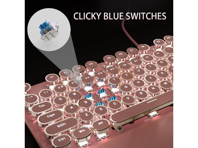 Camiysn Typewriter Style Mechanical Gaming Keyboard, Pink Retro Punk Gaming Keyboard with White Backlit, 104 Keys Blue Switch Wired Cute Keyboards,...