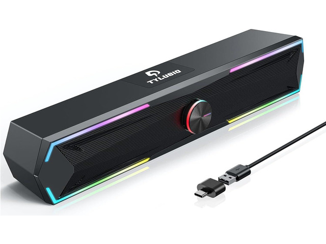 Pc Speakers Computer Sound Bar with Stereo Sound, Flowing LED Computer Speaker for Desktop Laptop Monitor, Bluetooth & USB Input Black