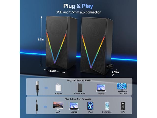 Computer Speakers, Desktop Speakers with 6 Colorful RGB Lights, Headphone Jack, Enhanced Bass and Volume Control, PC Speakers USB Powered & 3.5mm...