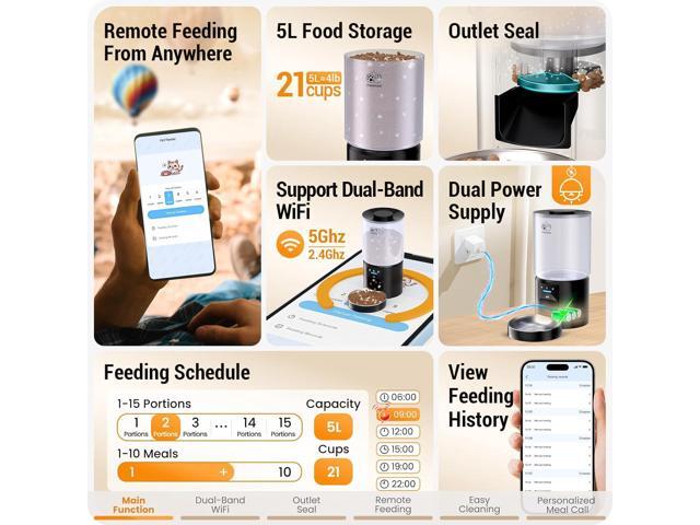 Automatic Cat Feeder with Sealed Outlet: 5G WiFi Automatic Dog Feeder with 5L Large Cat Food Storage Container, Timed Cat Food Dispenser for...