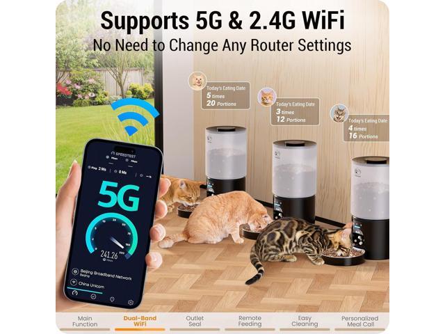 Automatic Cat Feeder with Sealed Outlet: 5G WiFi Automatic Dog Feeder with 5L Large Cat Food Storage Container, Timed Cat Food Dispenser for...