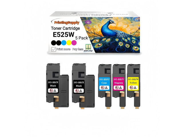 5 PK E525W 2BK+CMY Toner Cartridge Compatible for Dell 593-BBJX 593-BBJU 593-BBJV 593-BBJW E525W E525 525