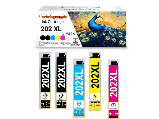 202XL T202XL High Yield Ink Cartridge Compatible for Epson 202 XL T202 XL Workforce WF-2860 Expression Home XP-5100 5 Pack 202XL 2BK+CMY