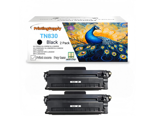2 Pack TN-830 Black Toner Cartridge Compatible for Brother TN830 Fits for Brother HL-L2400D HL-L2405W HL-L2460DW HL-L2460DWXL HL-L2865DW...