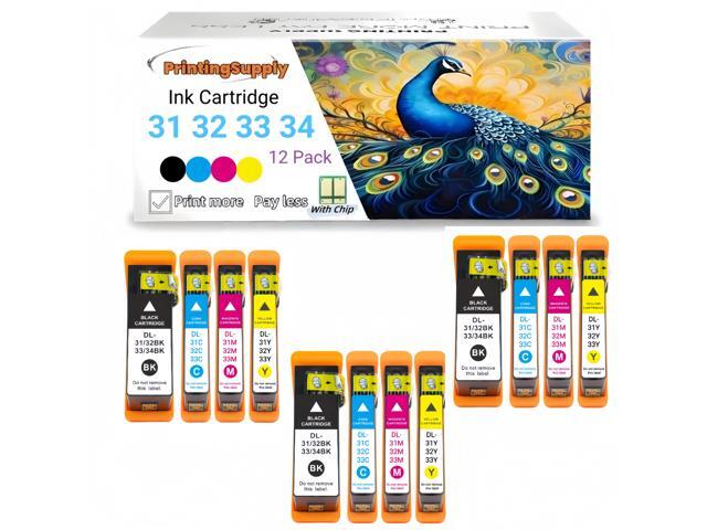 Compatible Dell 31 32 33 34 BCMY Ink Cartridge Work for Dell 31 32 33 34 V525w V725w Printer Black 600 Pages Color 400 Pages 12 Pack 3B+3C+3M+3Y