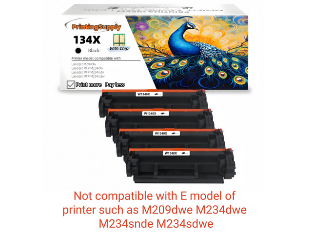 4 Pack 134X Compatible Toner Cartridge Replacement for HP 134X W1340X *With Chip* Black, High-Yield Print, Works with HP LaserJet M209dw MFP...