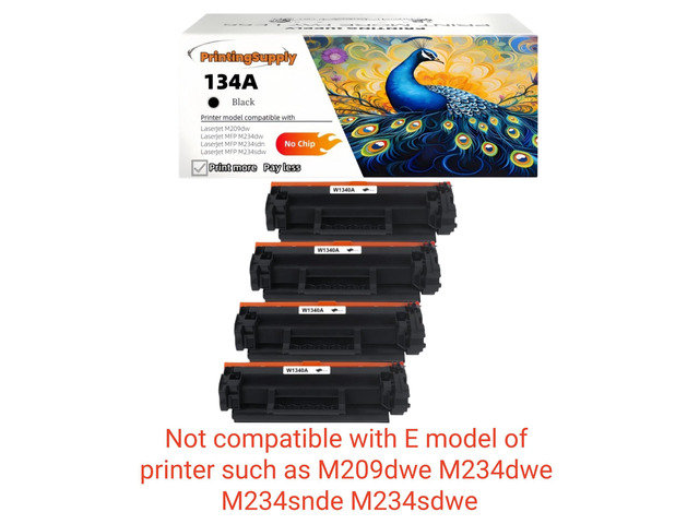 4 Pack134A Compatible Toner Cartridge Replacement for HP 134A (W1340A) *No Chip* Black, High-Quality Print, Works with HP LaserJet M209dw, MFP...