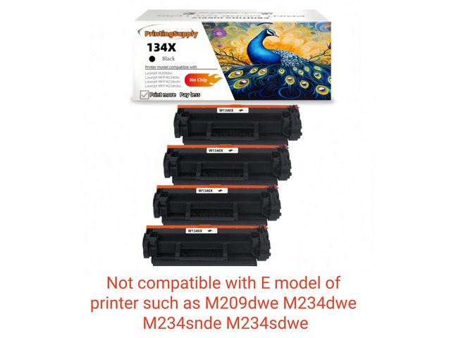 4 Pack 134X Compatible Toner Cartridge Replacement for HP 134X W1340X *No Chip* Black, High-Yield Print, Works with HP LaserJet M209dw MFP M234dw...