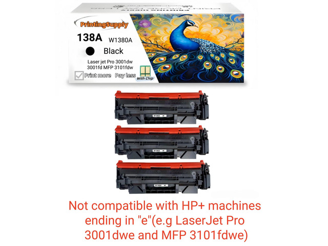 3 Pack 138A W1380A Black Toner Cartridge Compatible for HP 138A Laser jet Pro 3001dw Laser jet Pro 3001fdw Laser jet Pro MFP 3101fdw With Chip