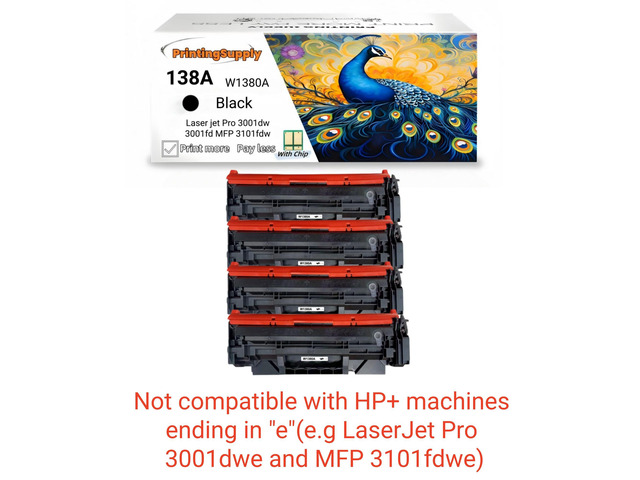 4 Pack 138A W1380A Black Toner Cartridge Compatible for HP 138A Laser jet Pro 3001dw Laser jet Pro 3001fdw Laser jet Pro MFP 3101fdw With Chip