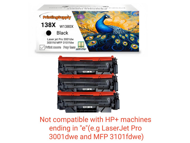 3 Pack 138X W1380X High Yield Black Toner Cartridge Compatible for HP 138X Laser jet Pro 3001dw Laser jet Pro 3001fdw Laser jet Pro MFP 3101fdw...